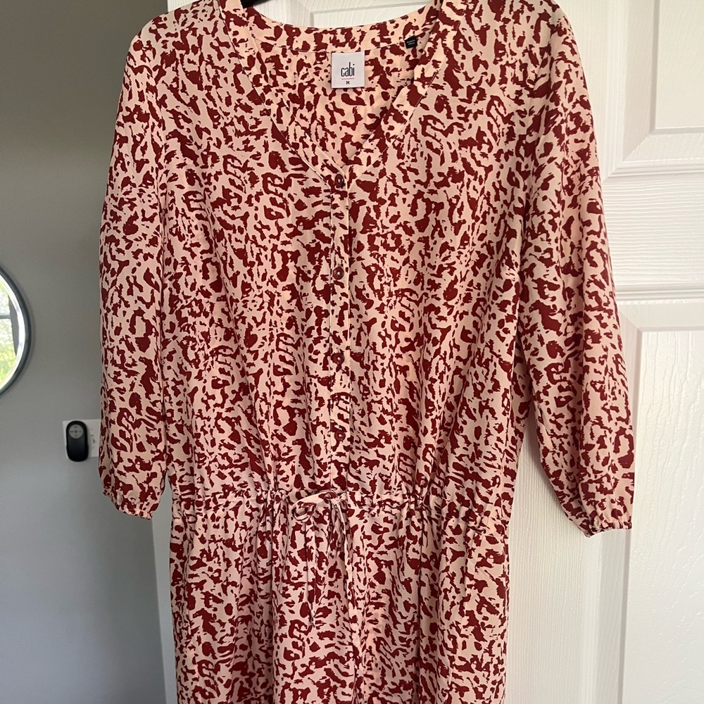 Cabi Sienna Dress Chiffon Leopard Print Boho Peasant Drawstring Waist Ruffle Hem